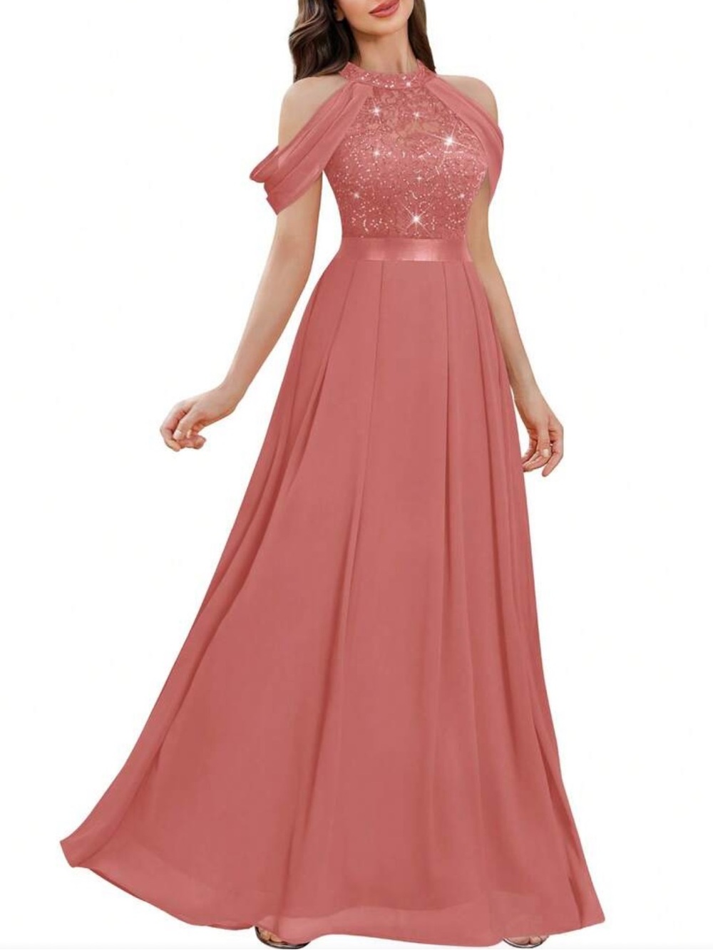 Coral Cold-Shoulder Evening Gown